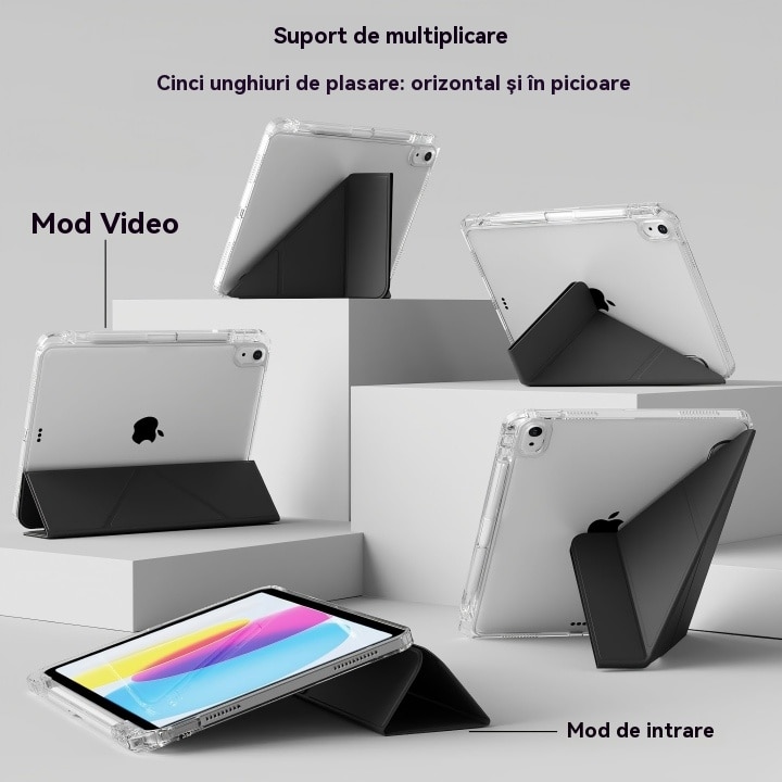 Husa de protectie pentru tableta iPad 10 (2022, 10.9"), pliere 3+Y, suport portret si peisaj, rama transparenta, cu suport pentru creion, Ugo®, neagra