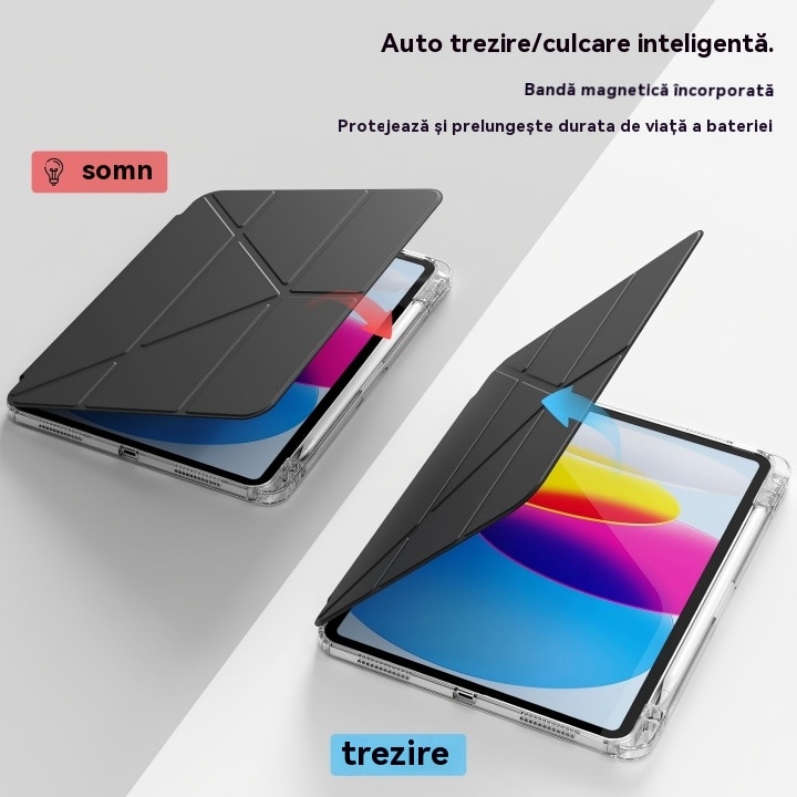 Husa de protectie pentru tableta iPad 10 (2022, 10.9"), pliere 3+Y, suport portret si peisaj, rama transparenta, cu suport pentru creion, Ugo®, neagra
