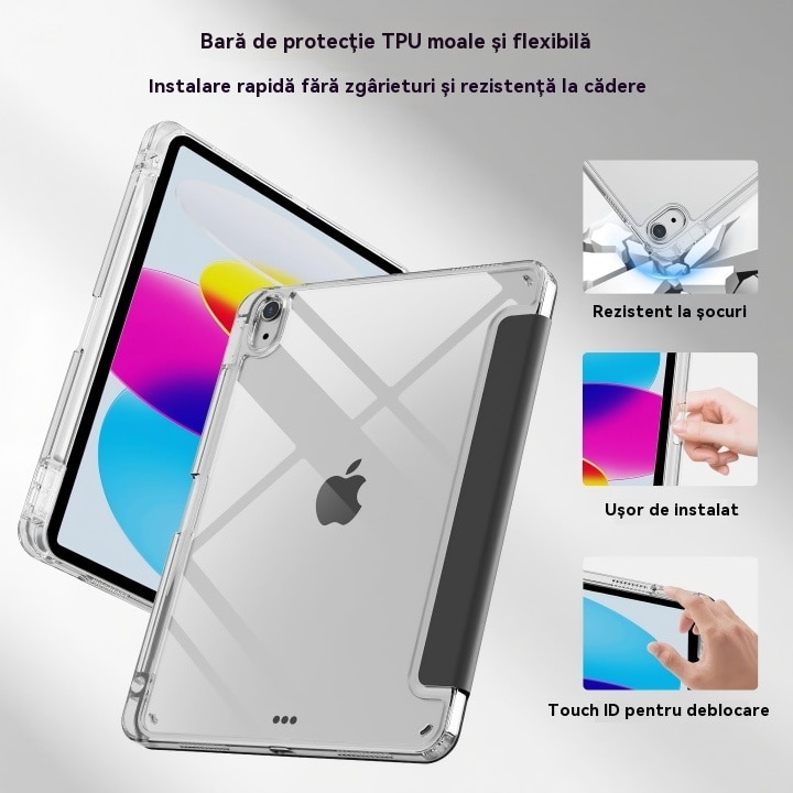 Husa de protectie pentru tableta iPad 10 (2022, 10.9"), pliere 3+Y, suport portret si peisaj, rama transparenta, cu suport pentru creion, Ugo®, neagra