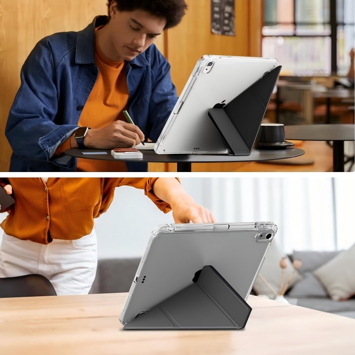 Husa de protectie pentru tableta iPad 10 (2022, 10.9"), pliere 3+Y, suport portret si peisaj, rama transparenta, cu suport pentru creion, Ugo®, neagra