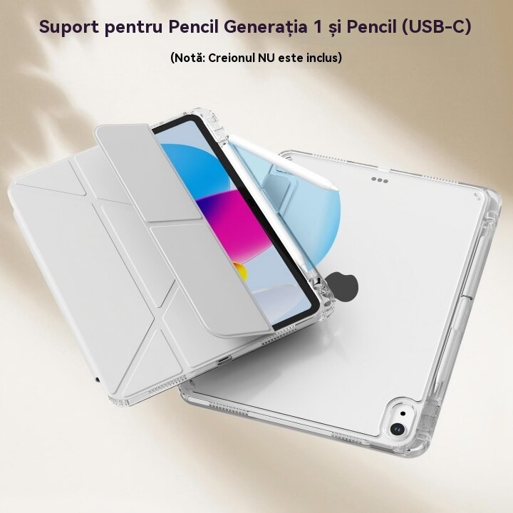 Husa de protectie pentru tableta iPad Air 6 (2024, 11")/ Air 7 (2025,11"), pliere 3+Y, suport portret si peisaj, rama transparenta, cu suport pentru creion, cu cadou folie de protectie ecran sticla calita, Ugo®, argintie
