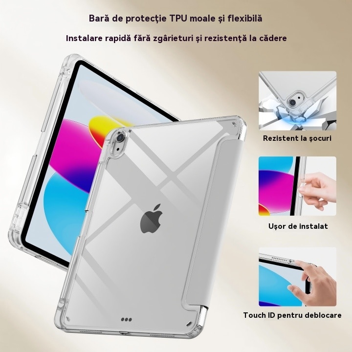 Husa de protectie pentru tableta iPad Air 6 (2024, 11")/ Air 7 (2025,11"), pliere 3+Y, suport portret si peisaj, rama transparenta, cu suport pentru creion, cu cadou folie de protectie ecran sticla calita, Ugo®, argintie