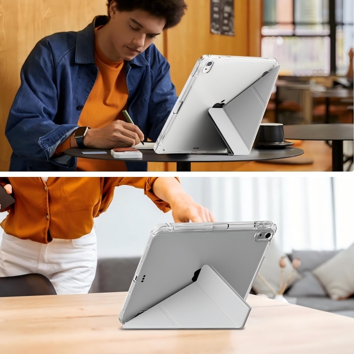 Husa de protectie pentru tableta iPad Air 6 (2024, 11")/ Air 7 (2025,11"), pliere 3+Y, suport portret si peisaj, rama transparenta, cu suport pentru creion, cu cadou folie de protectie ecran sticla calita, Ugo®, argintie