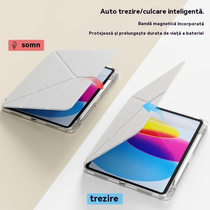 Husa de protectie pentru tableta iPad Air 6 (2024, 11")/ Air 7 (2025,11"), pliere 3+Y, suport portret si peisaj, rama transparenta, cu suport pentru creion, cu cadou folie de protectie ecran sticla calita, Ugo®, argintie