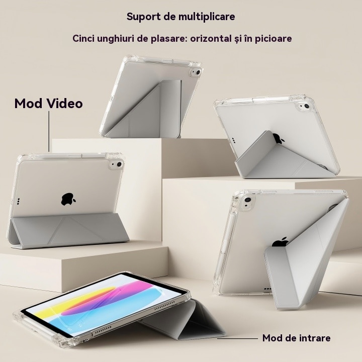 Husa de protectie pentru tableta iPad Air 6 (2024, 11")/ Air 7 (2025,11"), pliere 3+Y, suport portret si peisaj, rama transparenta, cu suport pentru creion, cu cadou folie de protectie ecran sticla calita, Ugo®, argintie