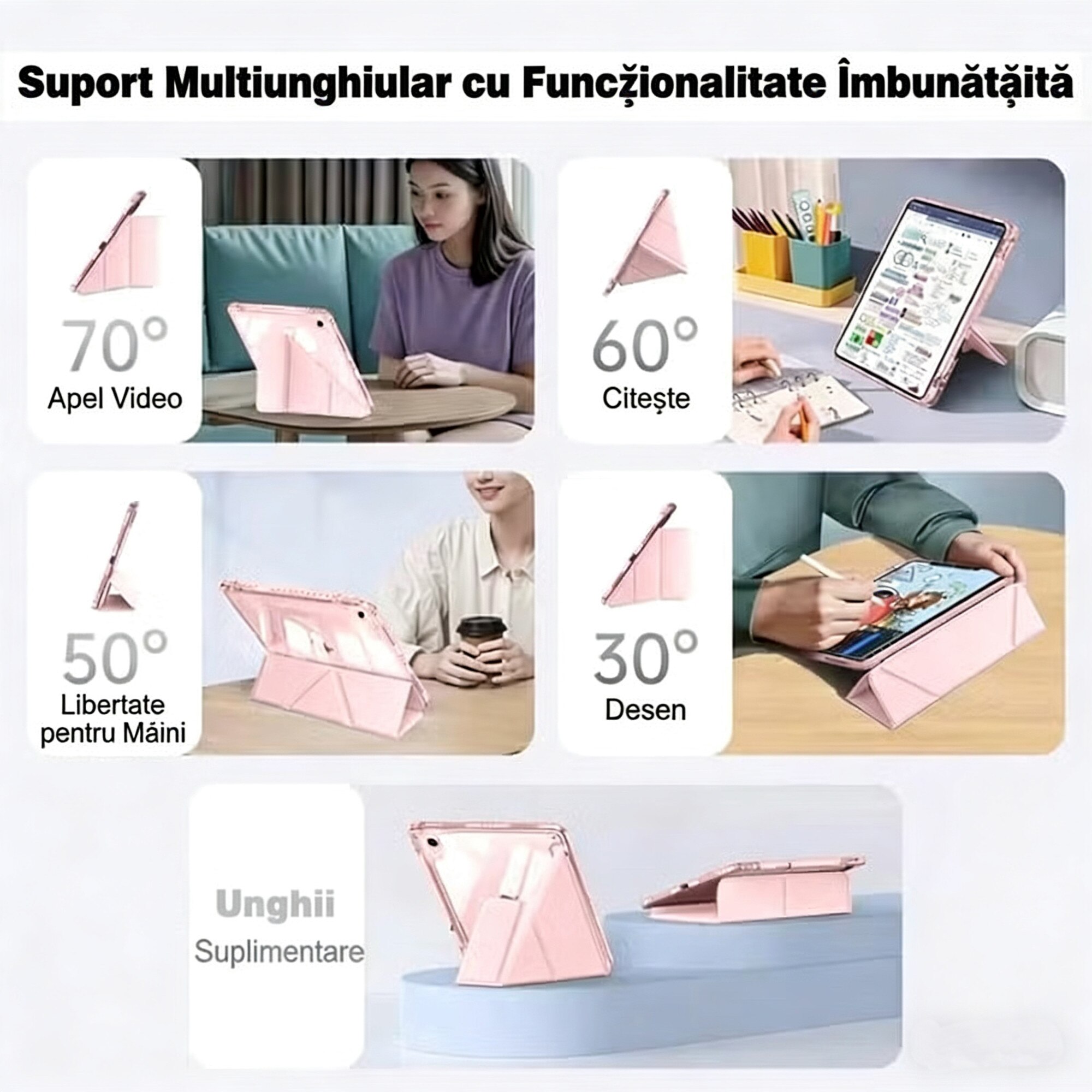 Husa de protectie pentru tableta iPad Pro (2024, 11"), pliere 3+Y, suport portret si peisaj, rama transparenta, cu suport pentru creion, Ugo®, roz