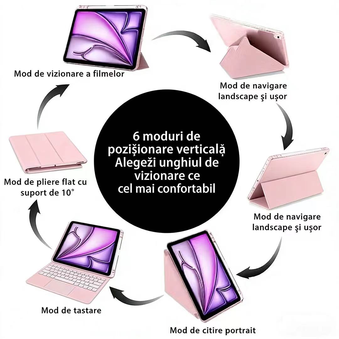Husa de protectie pentru tableta iPad Air 7 (2025, 13"), pliere 3+Y, suport portret si peisaj, rama transparenta, cu suport pentru creion, Ugo®, roz