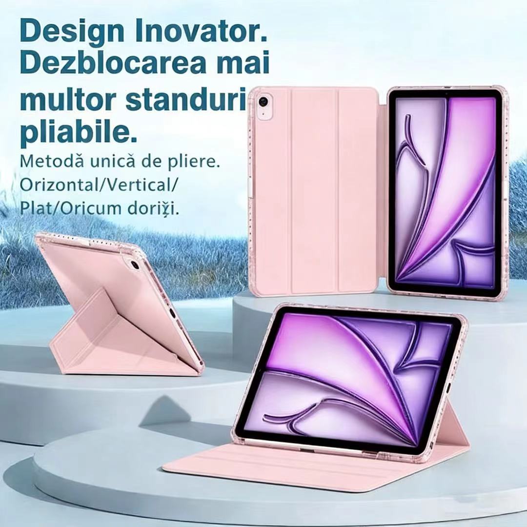 Husa de protectie pentru tableta iPad Air 7 (2025, 13"), pliere 3+Y, suport portret si peisaj, rama transparenta, cu suport pentru creion, Ugo®, roz