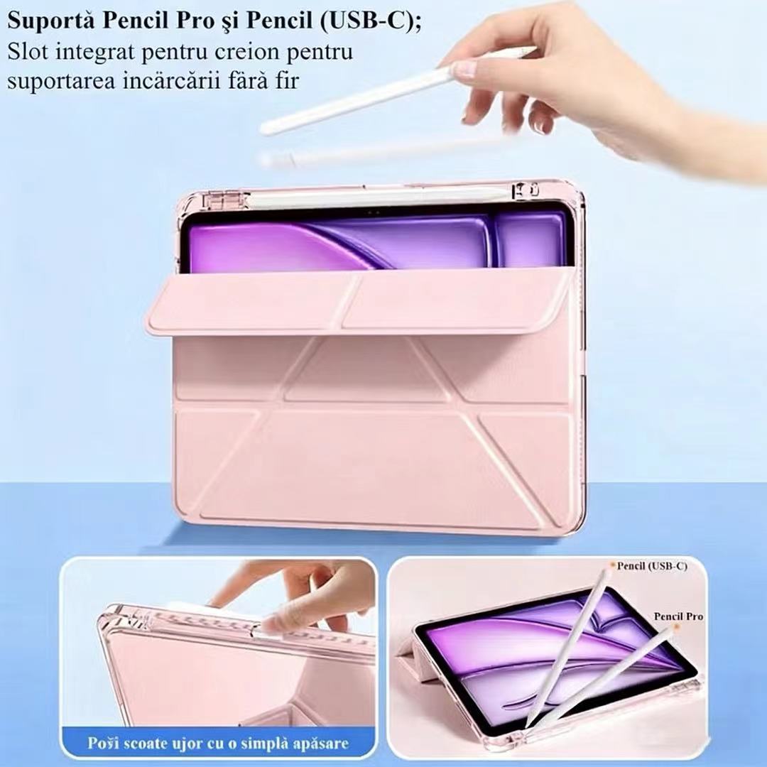 Husa de protectie pentru tableta iPad Air 7 (2025, 13"), pliere 3+Y, suport portret si peisaj, rama transparenta, cu suport pentru creion, Ugo®, roz