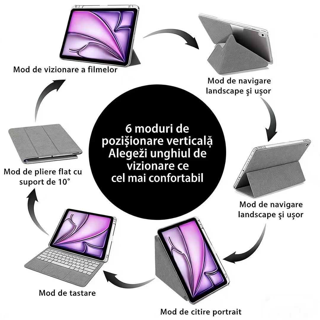 Husa de protectie pentru tableta iPad 10 (2022, 10.9"), pliere 3+Y, suport portret si peisaj, rama transparenta, cu suport pentru creion, Ugo®, neagra