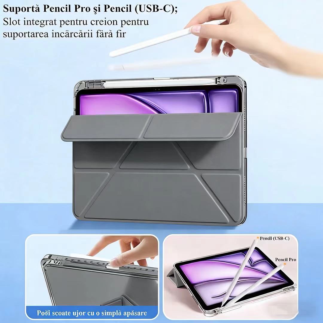 Husa de protectie pentru tableta iPad 10 (2022, 10.9"), pliere 3+Y, suport portret si peisaj, rama transparenta, cu suport pentru creion, Ugo®, neagra
