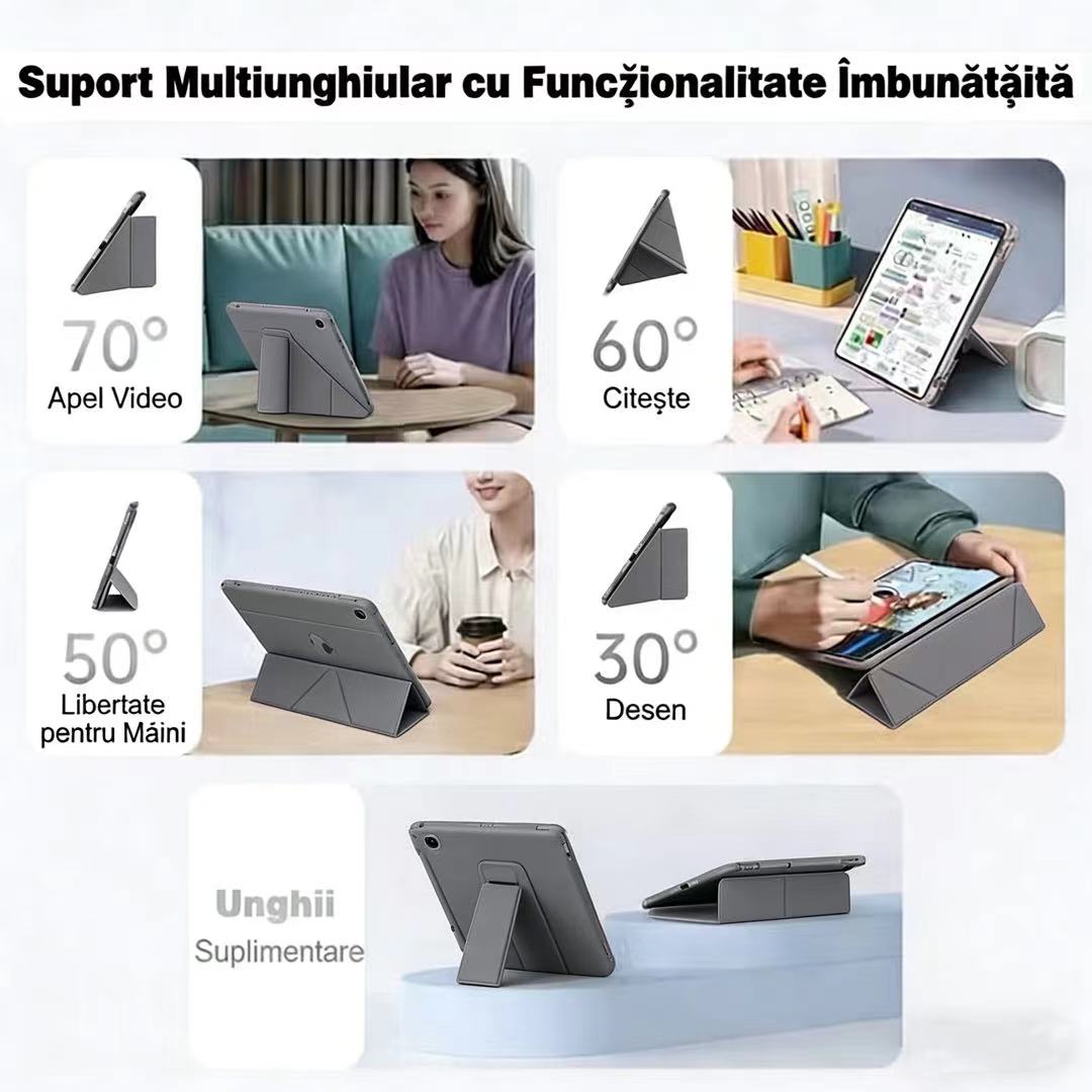 Husa de protectie pentru tableta iPad 10 (2022, 10.9"), pliere 3+Y, suport portret si peisaj, rama transparenta, cu suport pentru creion, Ugo®, neagra