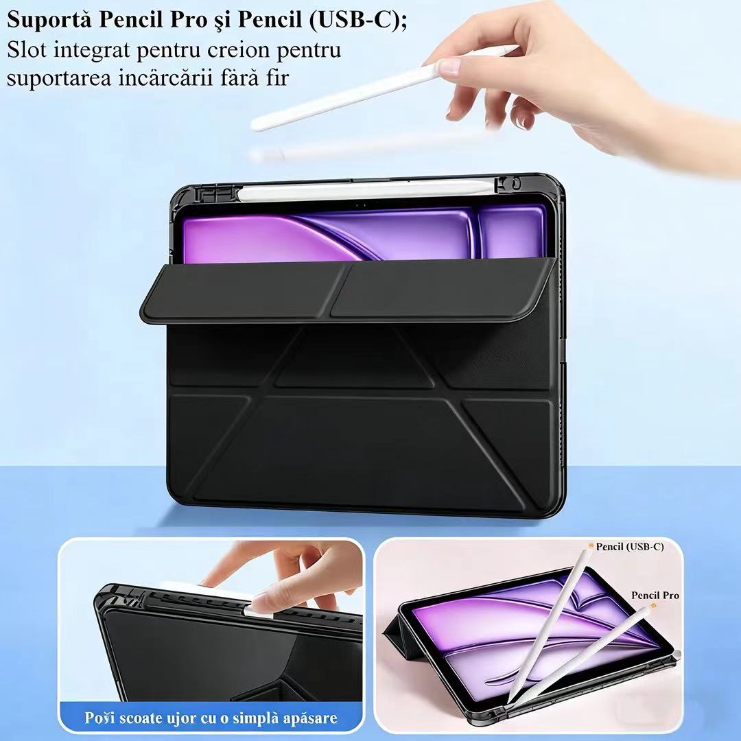 Husa de protectie pentru tableta iPad Air 7 (2025, 13"), pliere 3+Y, suport portret si peisaj, rama transparenta, cu suport pentru creion, Ugo®, neagra