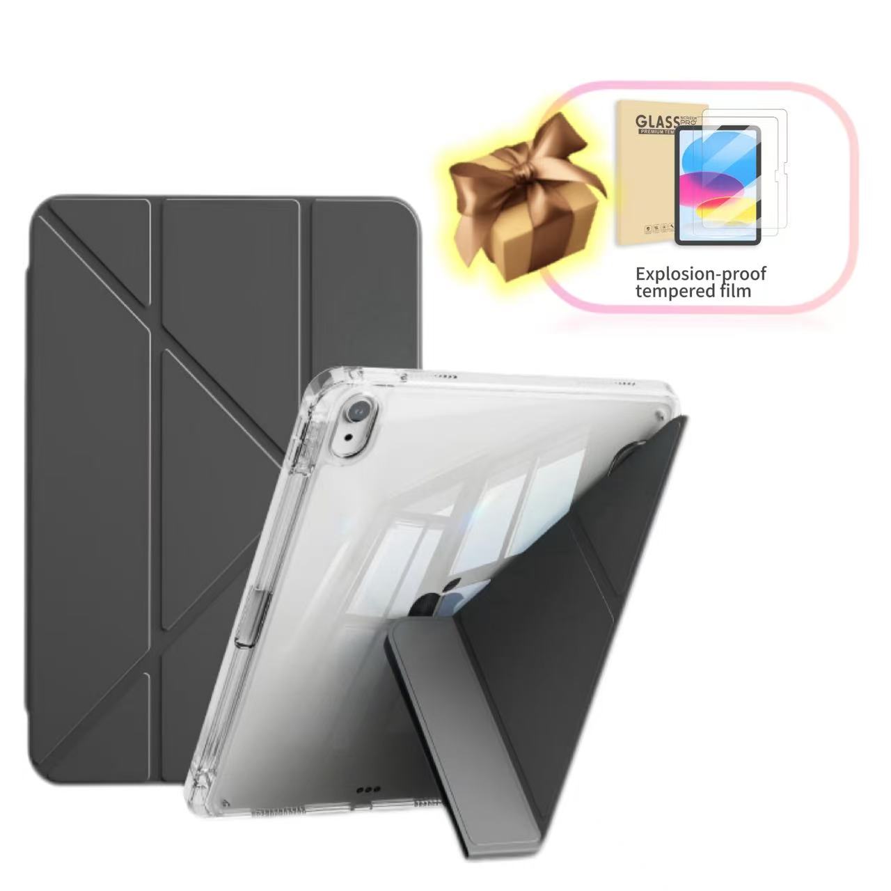 Husa de protectie pentru tableta iPad 10 (2022, 10.9"), pliere 3+Y, suport portret si peisaj, rama transparenta, cu suport pentru creion, Ugo®, neagra