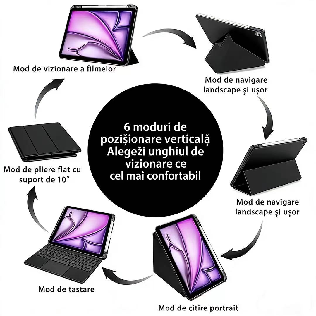 Husa de protectie pentru tableta iPad Air 7 (2025, 13"), pliere 3+Y, suport portret si peisaj, rama transparenta, cu suport pentru creion, Ugo®, neagra
