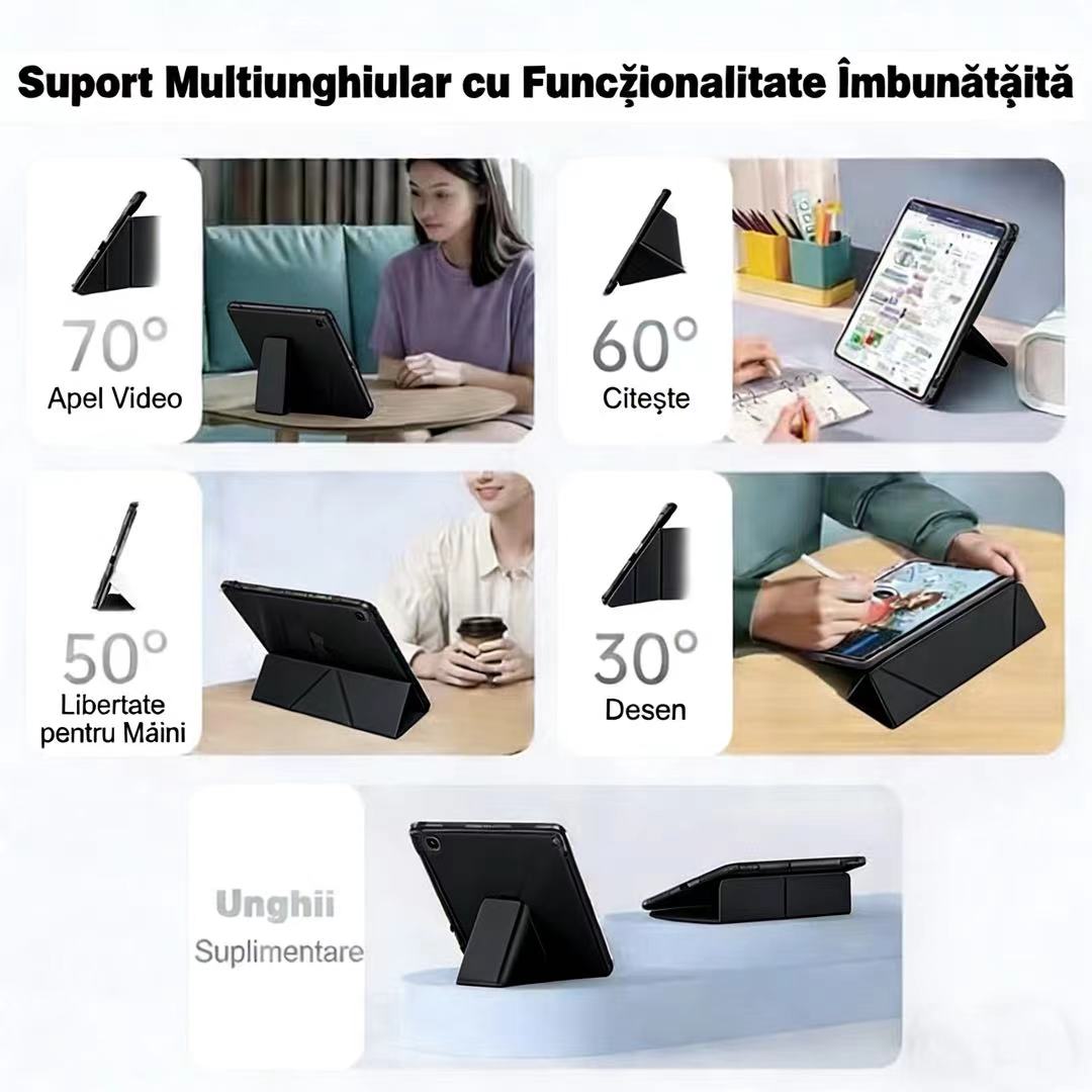 Husa de protectie pentru tableta iPad Air 7 (2025, 13"), pliere 3+Y, suport portret si peisaj, rama transparenta, cu suport pentru creion, Ugo®, neagra
