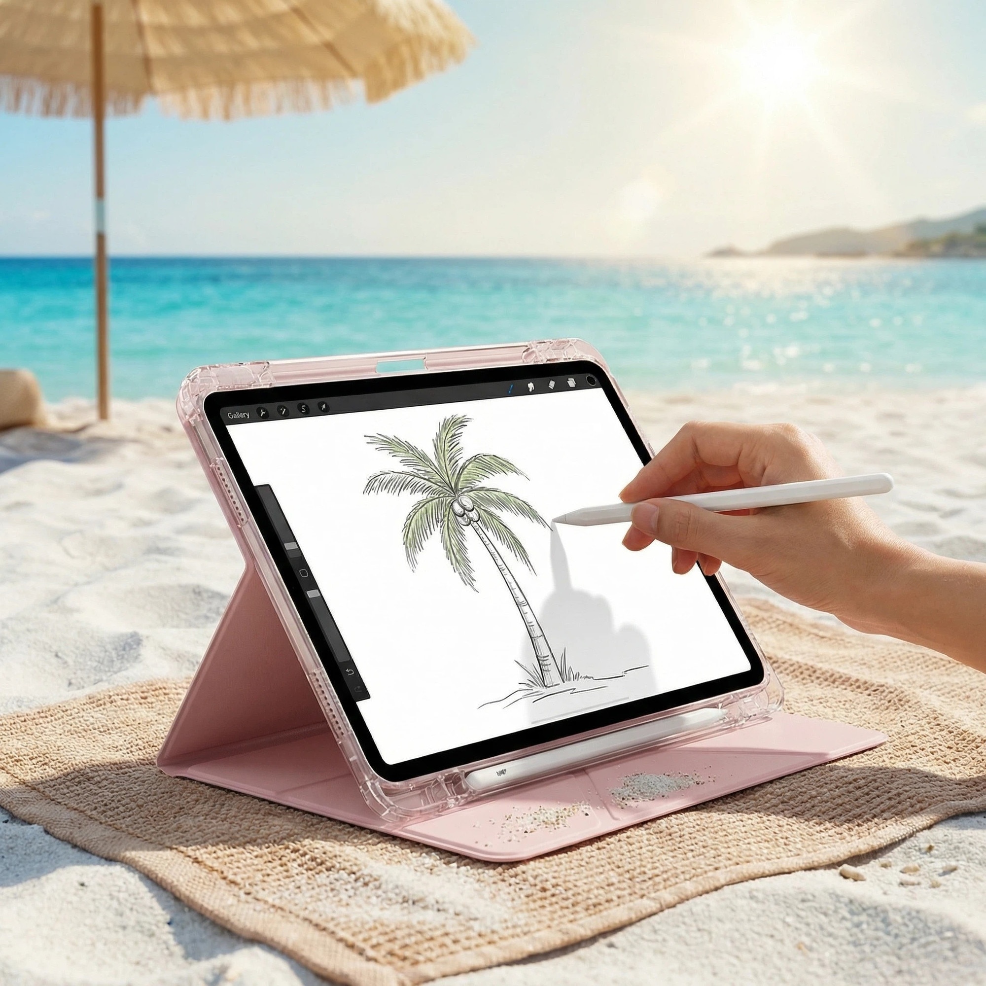 Husa de protectie pentru tableta iPad Air 7 (2025, 13"), pliere 3+Y, suport portret si peisaj, rama transparenta, cu suport pentru creion, Ugo®, roz