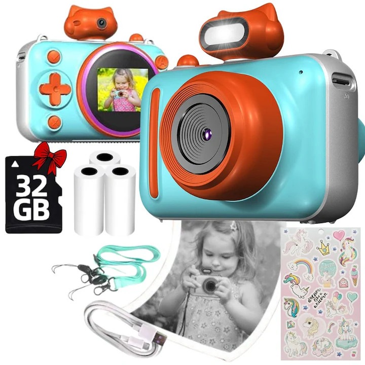 Детска камера, моментални снимки с функция за печат, 2.5K Ultra HD двойна предна/задна камера, автофокус, 2.0-инчов екран, 1200mAh батерия, 8 игри, 32GB карта, 3 ролки термохартия, връзка и кабел за зареждане, Ugo®, син