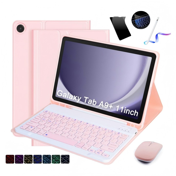 Husa pentru tableta Samsung Galaxy Tab A9+ 2025, cu tastatura Bluetooth detasabila, iluminare RGB 7 culori, include folie de protectie ecran, stylus capacitiv, mouse wireless si husa din silicon pentru tastatura, Ugo®, Roz