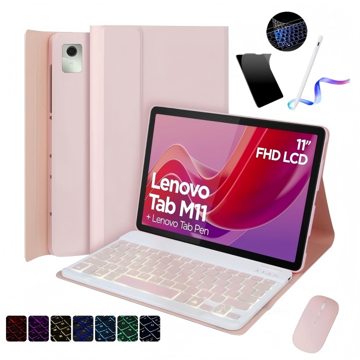 Husa pentru tableta Lenovo Xiaoxin / Tab M11 2025, cu tastatura Bluetooth detasabila, iluminare RGB 7 culori, include folie de protectie ecran, stylus capacitiv, mouse wireless si husa din silicon pentru tastatura, Ugo®, Roz