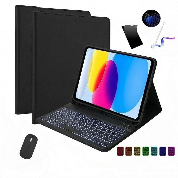 Husa pentru iPad Air 11" (M2 2024 / M3 2025, Air 4 / 5), cu tastatura Bluetooth detasabila, iluminare RGB 7 culori, include folie ecran, stylus capacitiv, mouse wireless si husa silicon tastatura, Ugo®, Negru