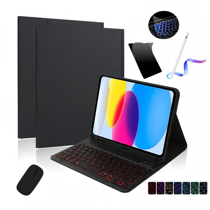 Tok iPad Air 11" (M2 2024 / M3 2025, Air 4 / 5) készülékhez, levehető Bluetooth billentyűzettel, 7 színű RGB világítással, képernyővédő fóliával, kapacitív ceruzával, vezeték nélküli egérrel és szilikon billentyűzetborítóval, Ugo®, Fekete