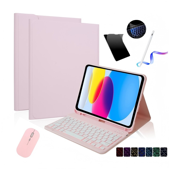 Husa pentru iPad Pro 11" 2024, cu tastatura Bluetooth tactila detasabila, iluminare RGB 7 culori, include folie de protectie ecran, stylus capacitiv, mouse wireless si husa silicon pentru tastatura, Ugo®, Roz
