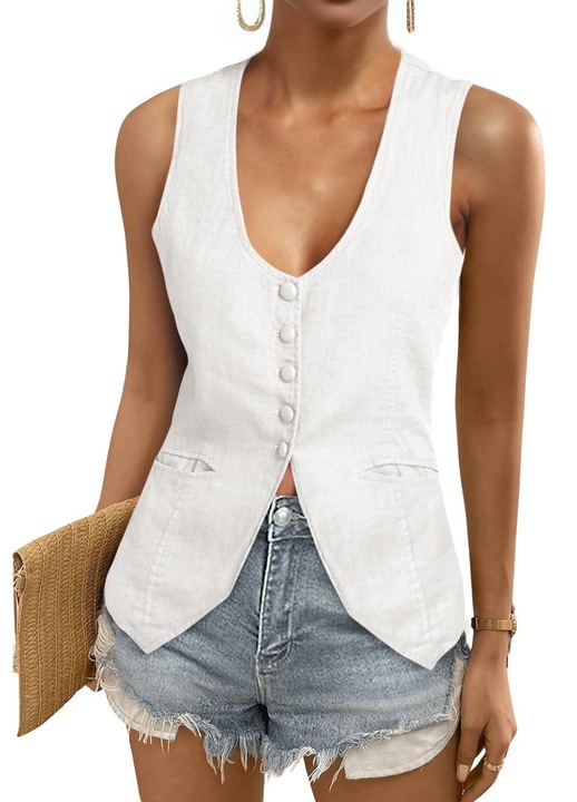 Vesta de costum femeie cu guler rotund, din in si bumbac, fara mani, ajustata, pentru sezonul de vara, stil casual si de birou, alb, marime L INTL