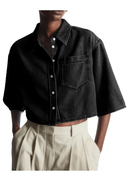 Jacheta scurta cu buzunar jins crop pentru femei, cu maneci jumatate（10139）, Negru