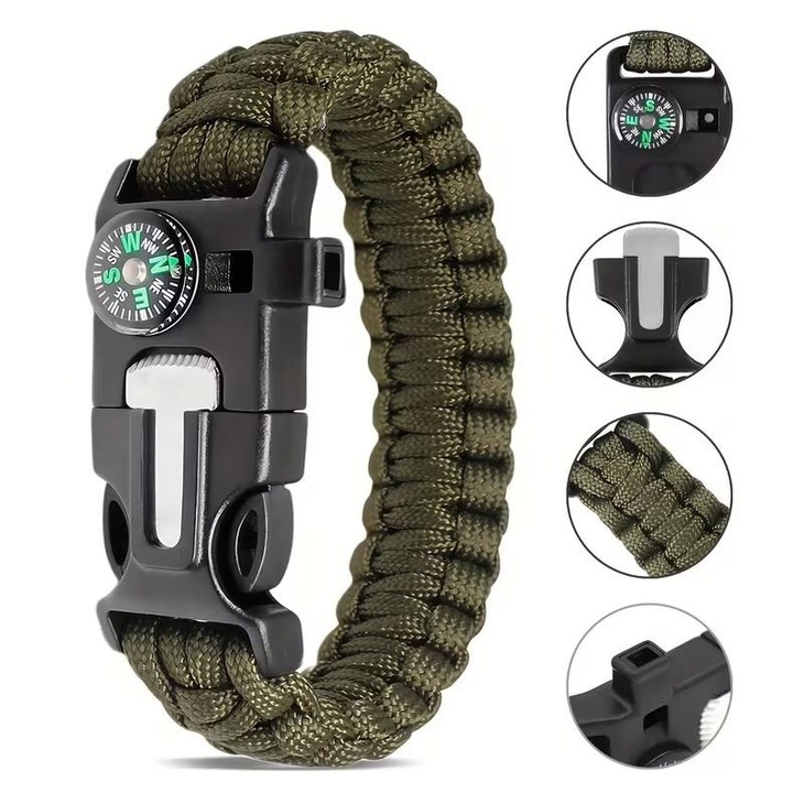 Многофункционална гривна с въже със свирка, авариен нож, компас и спасително въже - лека екипировка за оцеляване за къмпинг на открито, туризъм, аварийно състояние - издръжлив найлон, черен, къмпинг аксесоари, туристическо оборудване