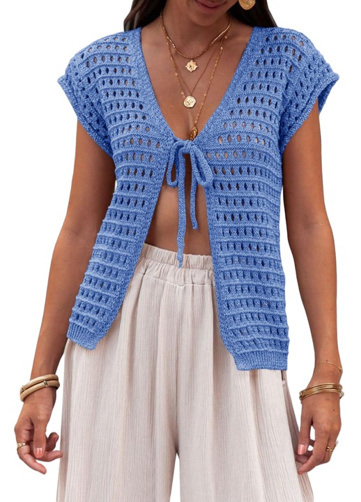 Cardigan tricotat crop pentru femei, deschis in fata, albastru, Albastru