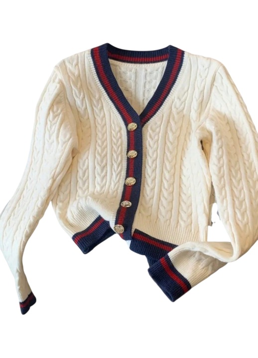 Cardigan tricotat cu nasturi aurii pentru dama, culoarea alb cu rever bleumarin, Alb