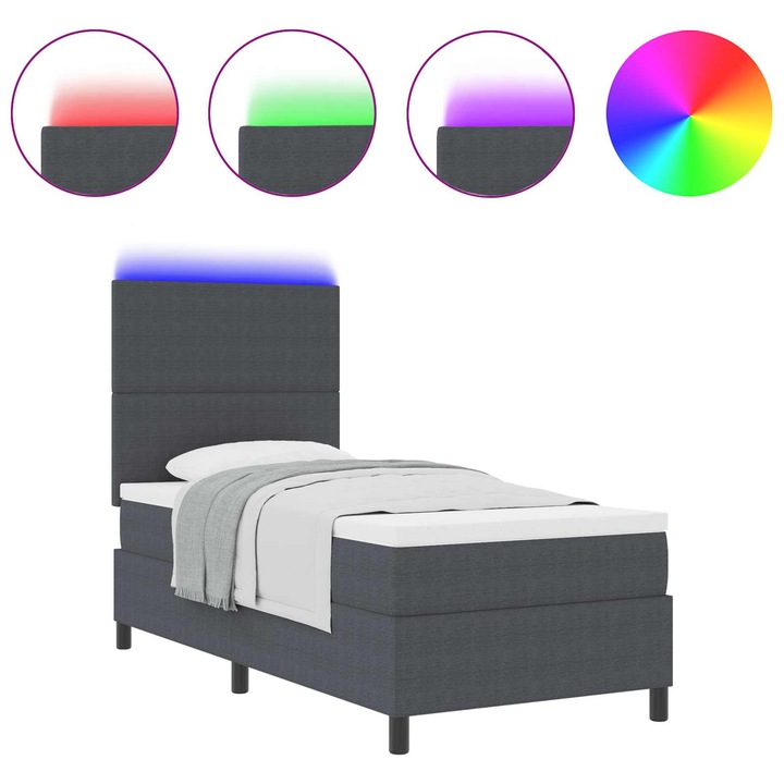 Pat cu arc LED cu headboard Gri inchis si alb 100 x 200 cm, vidaXL, 3337632