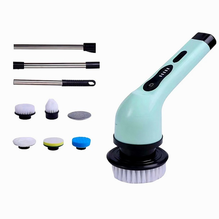 Perie electrică de curățare DAMUR, set cu 6 capete, mâner extensibil 84-127cm, 25x20x9.5cm, verde