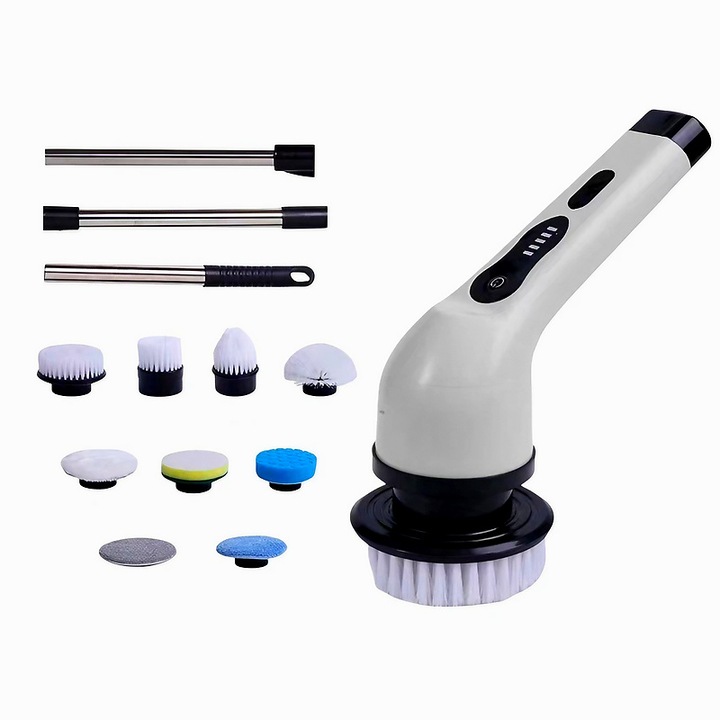 Perie electrică de curățare DAMUR, maner extensibil, 9 capete interschimbabile, alb, 25x20x9.5cm