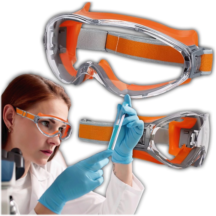 Ochelari de Protectie Transparenti Anti-Fog, Goggles din Policarbonat cu Protectie Impact si Stropire, Ochelari Siguranta pentru Atelier, Constructii, Lentila Panoramica cu Ventilatie Anti-Aburire