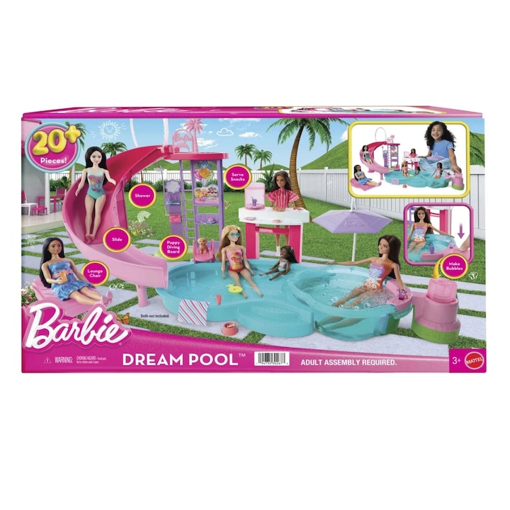 Set de joacă Barbie Piscina de vis cu accesorii, 20 de piese, multicolor, 32.5x52.5x14cm
