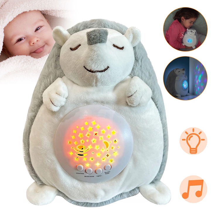 Плюшена играчка за бебета с проектор за светлина, 10 успокояващи мелодии, сива и бяла, 3-36 месеца