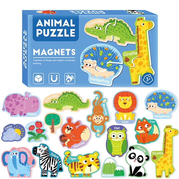 Set 12 Magneti de frigider cu animale, Jucarii educationale, Reutilizabile, Potrivit pentru copiii de 3-5 ani, Multicolor