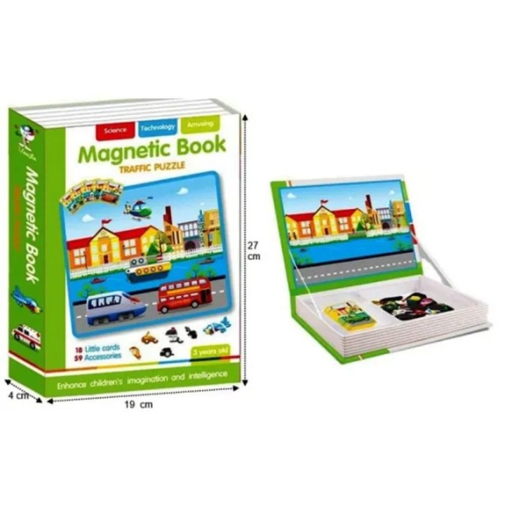 Carte Magnetica Educativa cu Vehicule – Magnetic Book Traffic Puzzle, Joc Montessori cu Piese Magnetice, 3+ ani