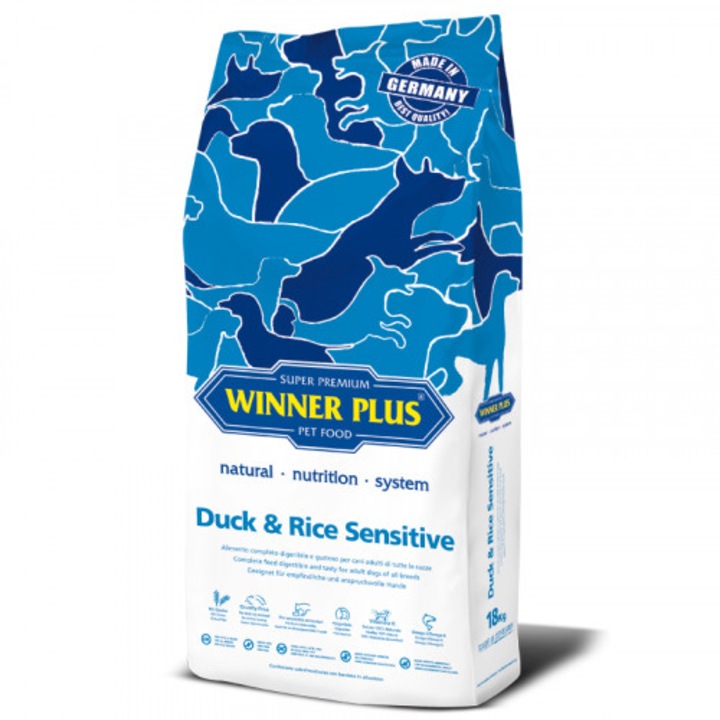 Hrana uscata pentru caini Winner Plus, Rata si Orez, 100%, 12kg, pentru caini adulti, talie mare si medie