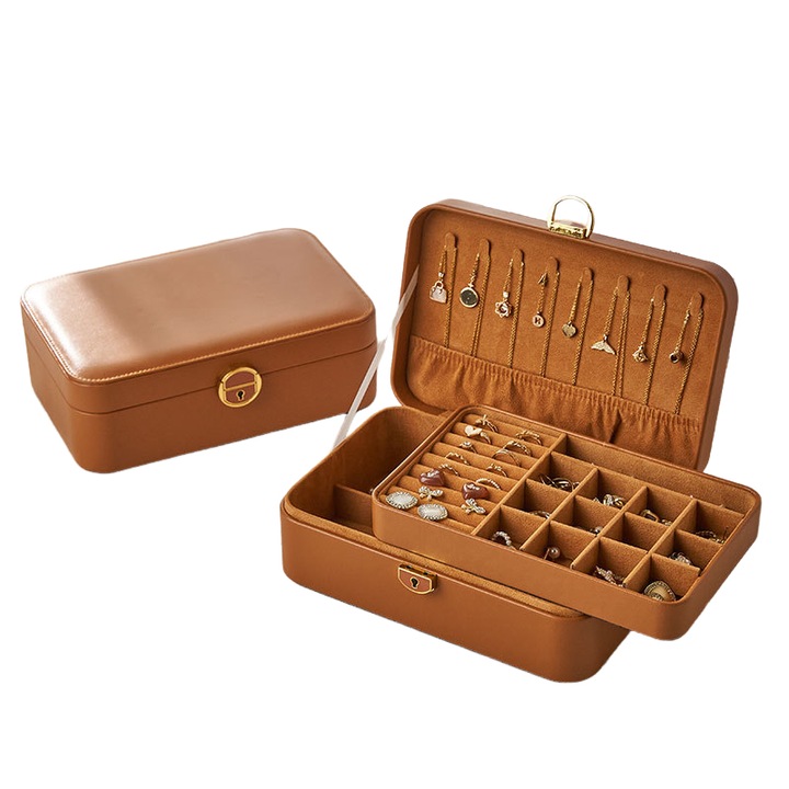 Ékszerdoboz, rendező 2 szintes, nagy tárolókapacitás, sötétbarna, 25x17x8.5 cm