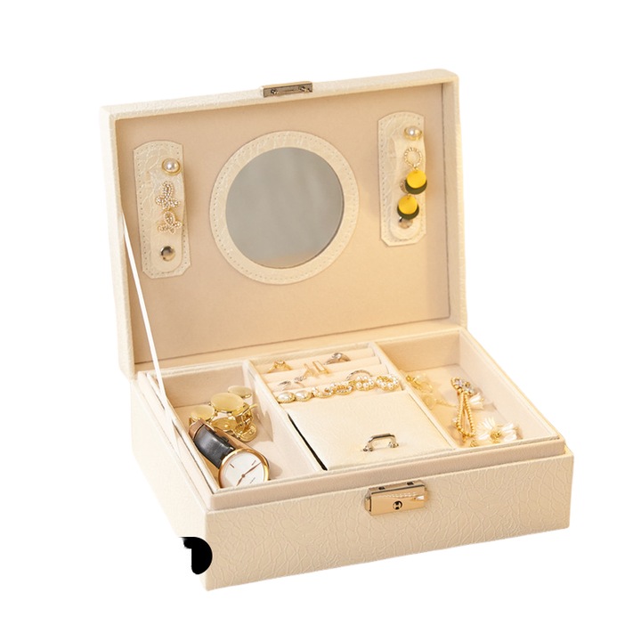 Ékszertartó doboz, 2 szintes rendszerező, nagy tárolókapacitás, bársony anyag, 23x17.5x8.5 cm, fehér