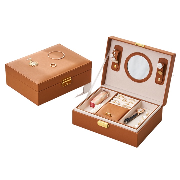 Ékszerdoboz, rendező 2 szinttel, nagy tárolókapacitás, 23x17.5x8.5 cm, barna színű
