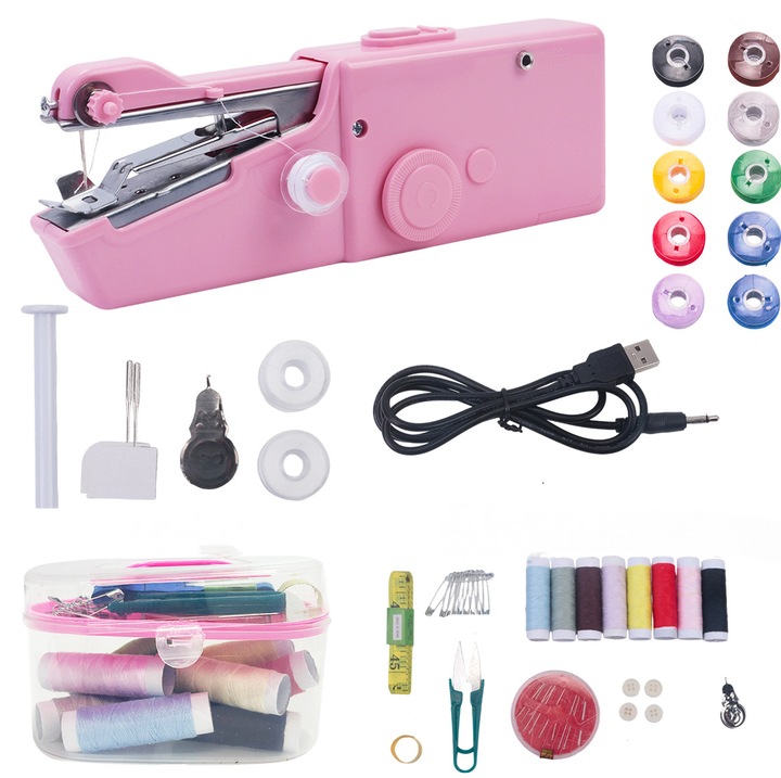 Masina de cusut portabila, set 11 piese, pentru tesaturi, haine, pantaloni, blugi, tricouri, perdele, roz