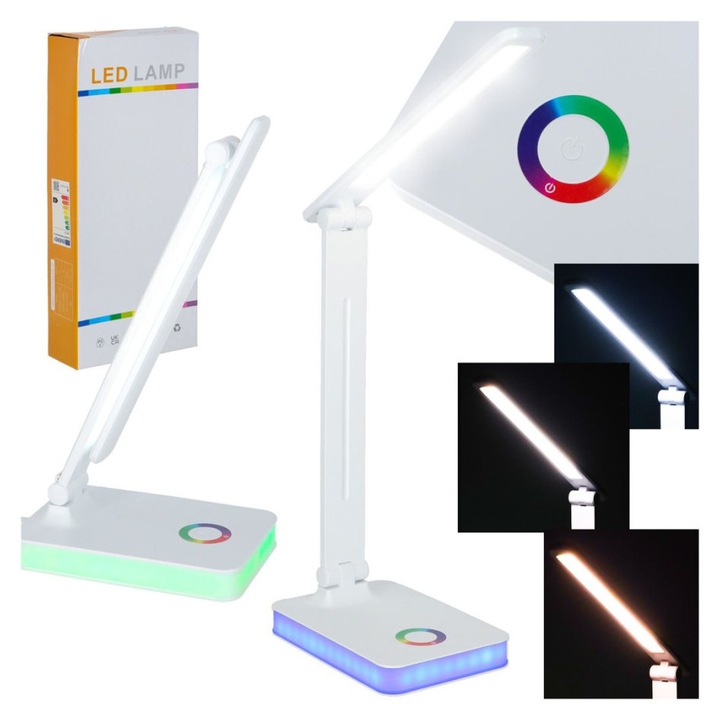 KIK összecsukható LED asztali lámpa, állítható fővilágítás, színes háttérvilágítás, fehér, 35cm