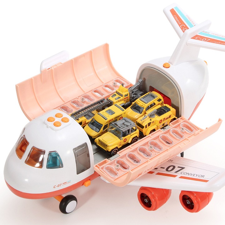 Avion de jucarie multifunctional cu depozitare, set cu 6 masini din aliaj, efecte de spray si lumini, roz