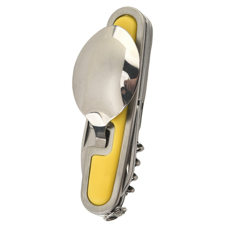 Set tacamuri camping 6 in 1, detasabile, din otel inoxidabil, pliabile, cu cutit, furculita, lingura, deschizator de sticle si tirbuson, multitool portabil pentru drumetii si supravietuire, Galben