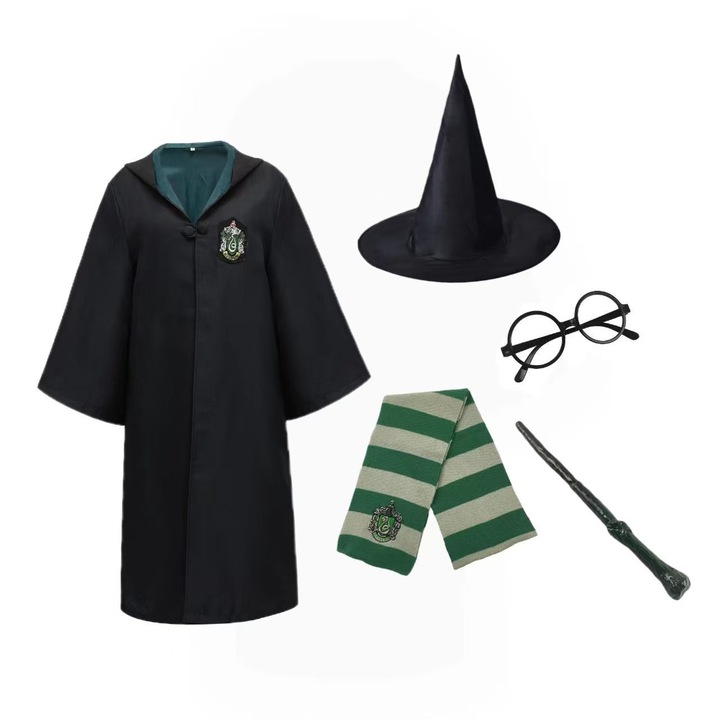 Set costum de vrajitor, rochie cu dungi rosii si aurii, cu bagheta, pentru copii si adolescenti, 155CM