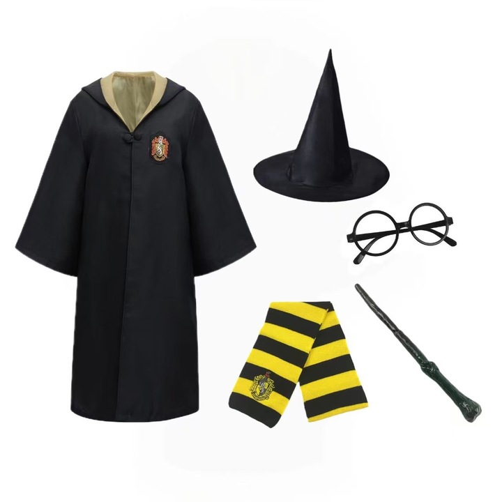 Set costum de vrajitor pentru copii, rochie rosie si aurie, cu bagheta, 125cm